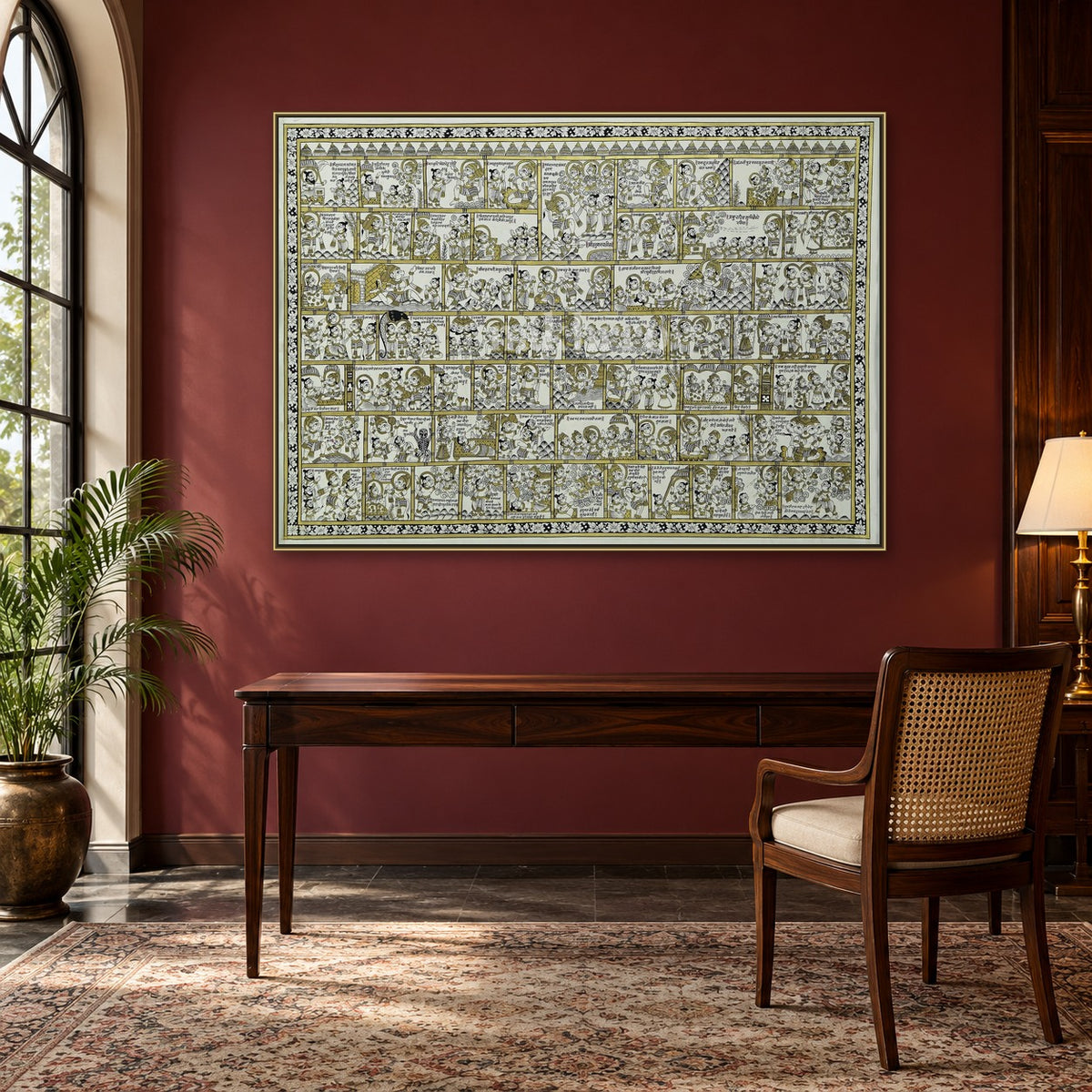 Hanuman Chalisa Illustrated | Archival Phad Art Print — study room styling mockup; frame shown for illustration