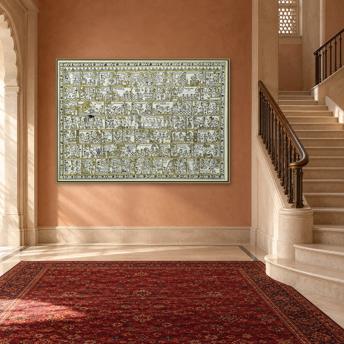 Hanuman Chalisa Illustrated | Archival Phad Art Print — stairs room styling mockup; frame shown for illustration