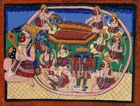 Hanuman Carrying Lord Rama | Museum-Grade Indian Miniature Art Print — full artwork