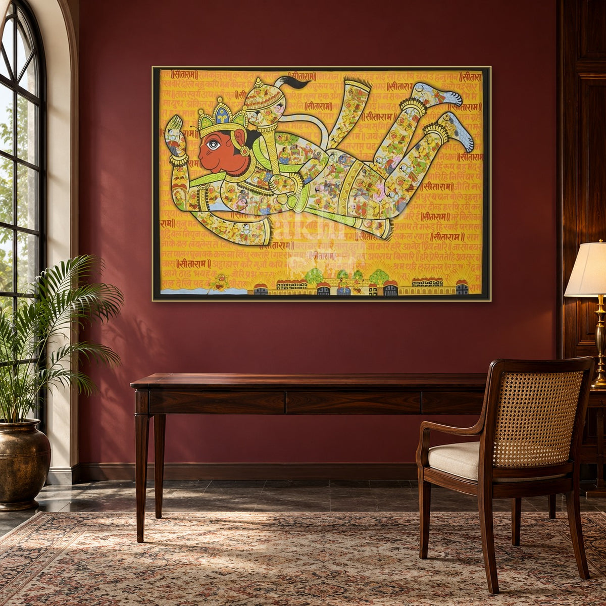 Hanuman Chalisa Artwork Print – Museum-Grade Canvas & Paper Wall Art — study room styling mockup; frame shown for illustration