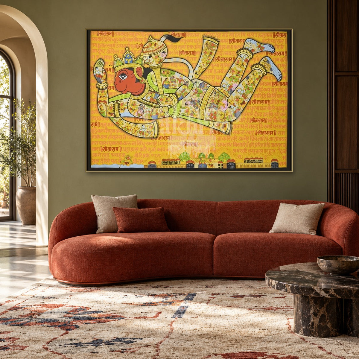 Hanuman Chalisa Artwork Print – Museum-Grade Canvas & Paper Wall Art — living room styling mockup; frame shown for illustration