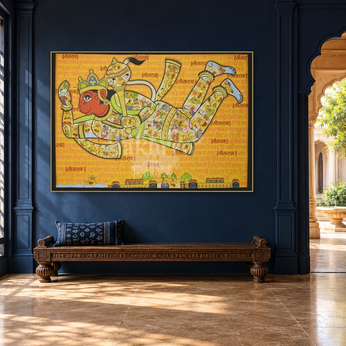 Hanuman Chalisa Artwork Print – Museum-Grade Canvas & Paper Wall Art — hall room styling mockup; frame shown for illustration