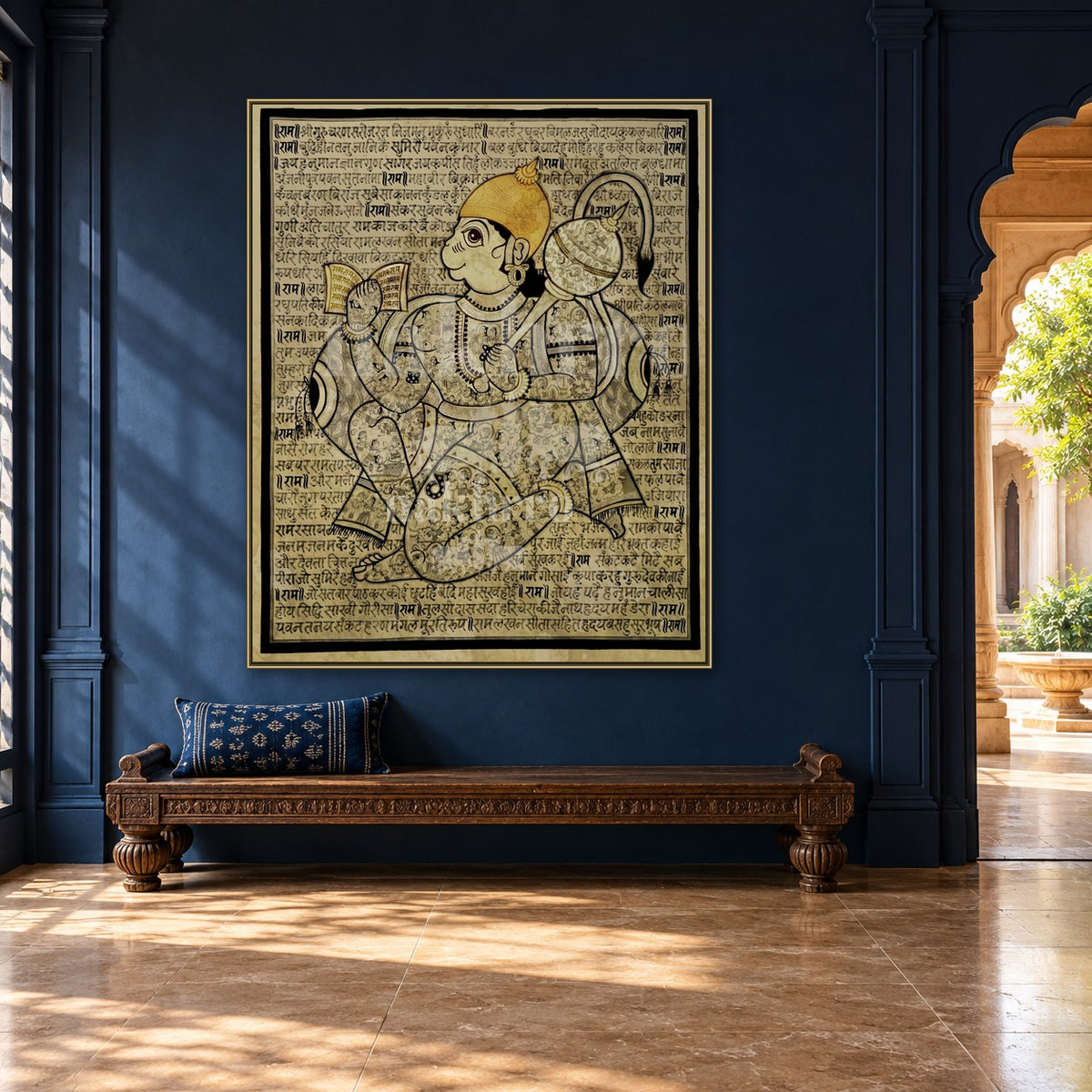 Hanuman Chalisa in Antique Finish Sacred Text Portrait Museum Grade Art Print — hall room styling mockup; frame shown for illustration