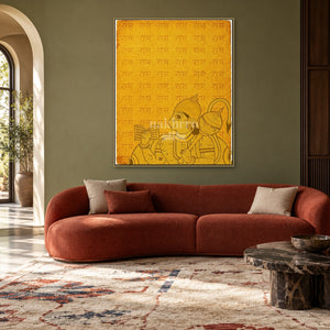 Hanuman with Ram Naam | Devotional Wall Art for Pooja Room and Living Room — living room styling mockup; frame shown for illustration