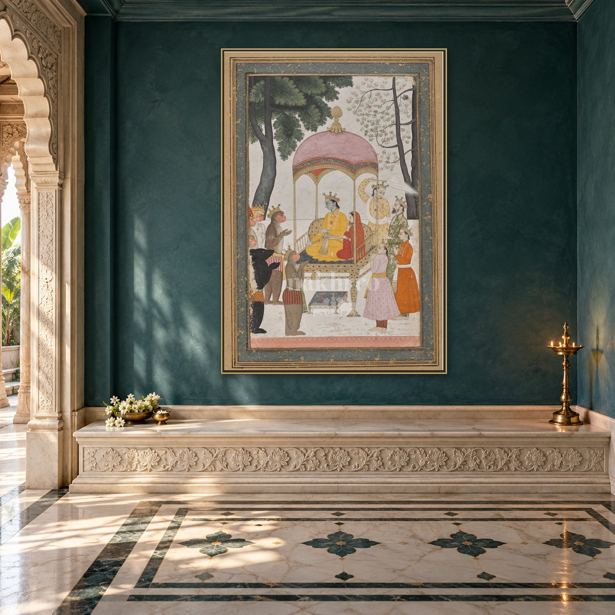 Rama Darbar with Hanuman – Archival Indian Miniature Art Print — prayer room styling mockup; frame shown for illustration