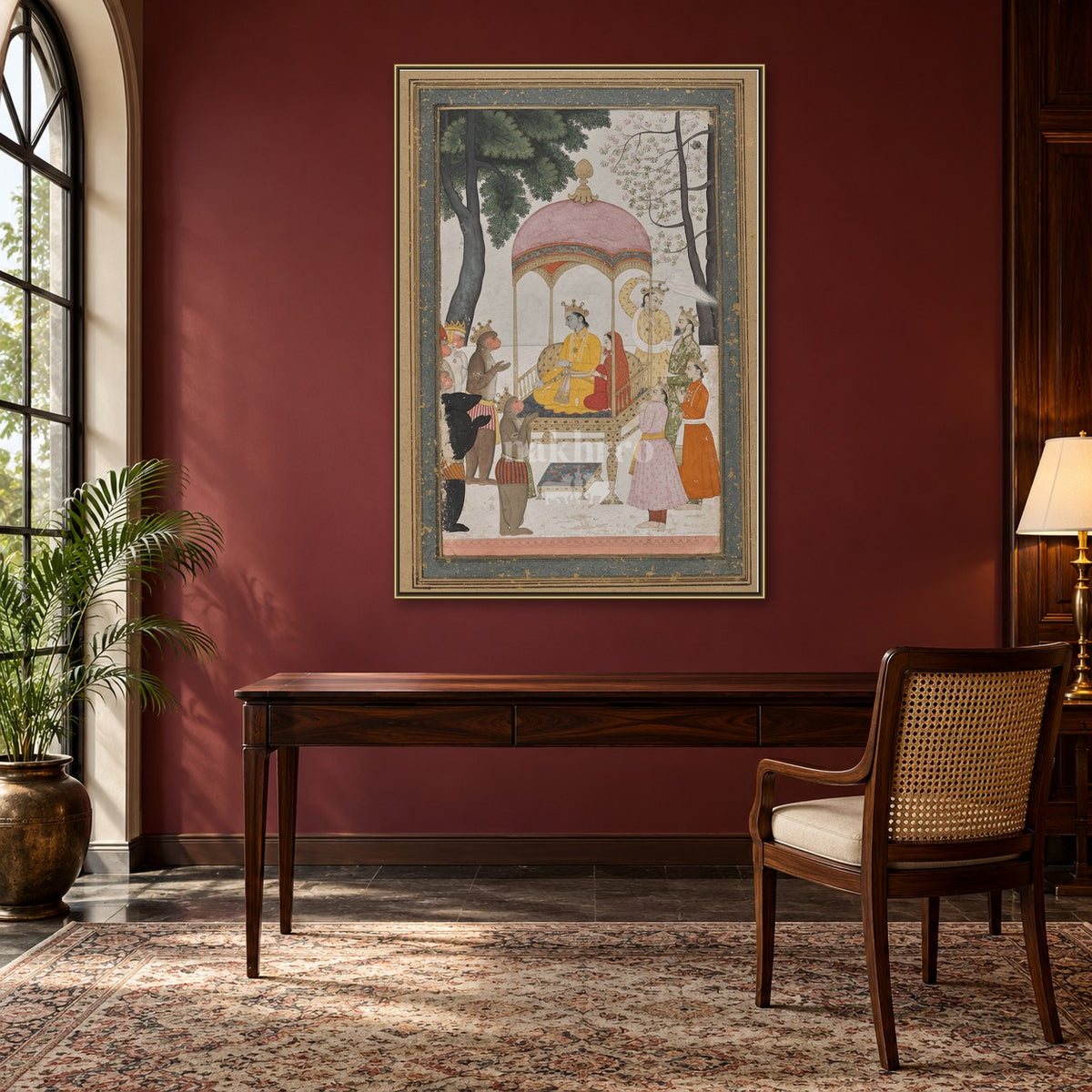 Rama Darbar with Hanuman – Archival Indian Miniature Art Print — study room styling mockup; frame shown for illustration