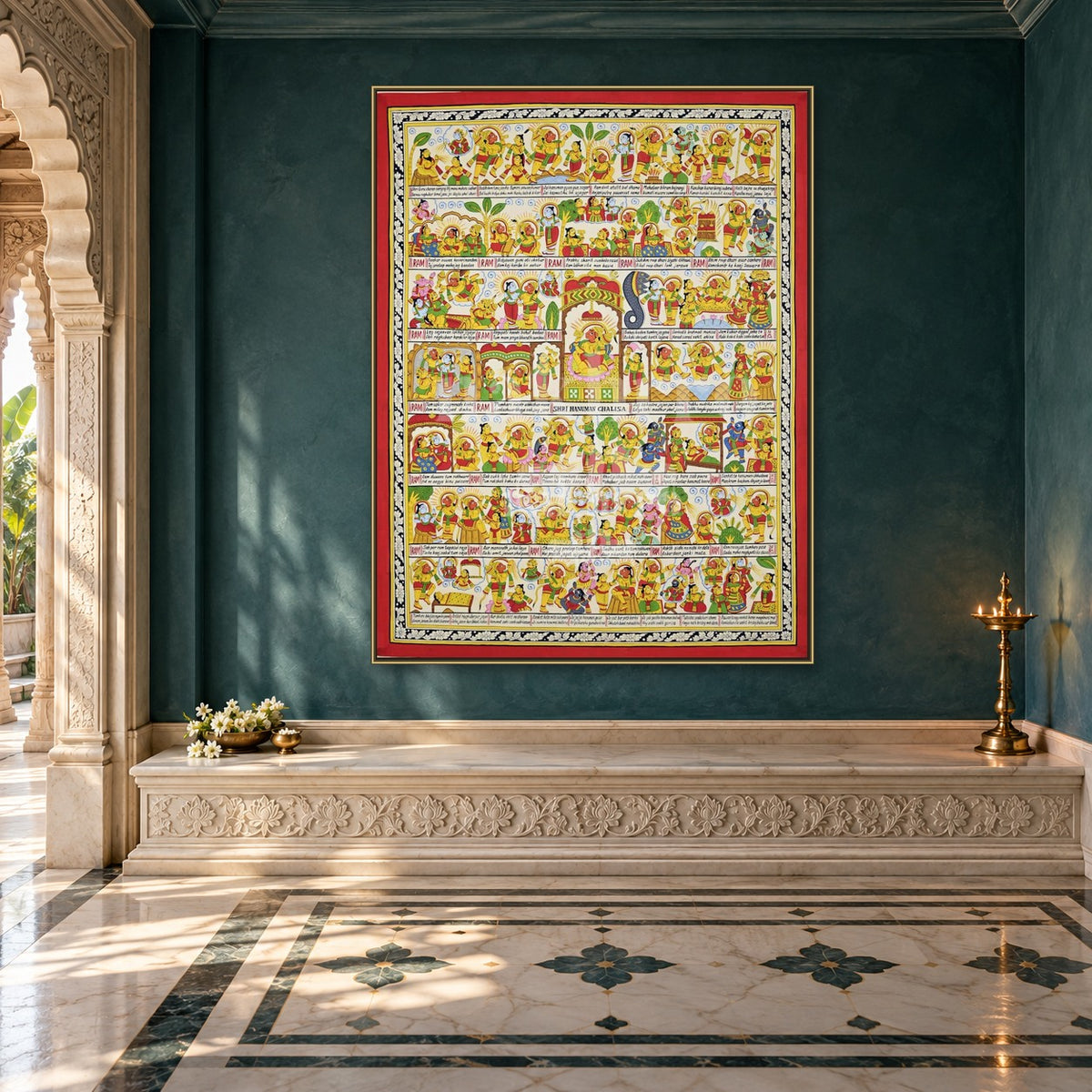 Hanuman Chalisa in English Text | Complete Illustrated Chalisa in Red and Ivory | Museum-Grade Archival Art Print — prayer room styling mockup; frame shown for illustration