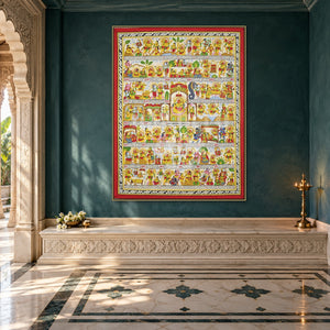 Hanuman Chalisa in English Text | Complete Illustrated Chalisa in Red and Ivory | Museum-Grade Archival Art Print — prayer room styling mockup; frame shown for illustration