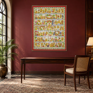Hanuman Chalisa in English Text | Complete Illustrated Chalisa in Red and Ivory | Museum-Grade Archival Art Print — study room styling mockup; frame shown for illustration