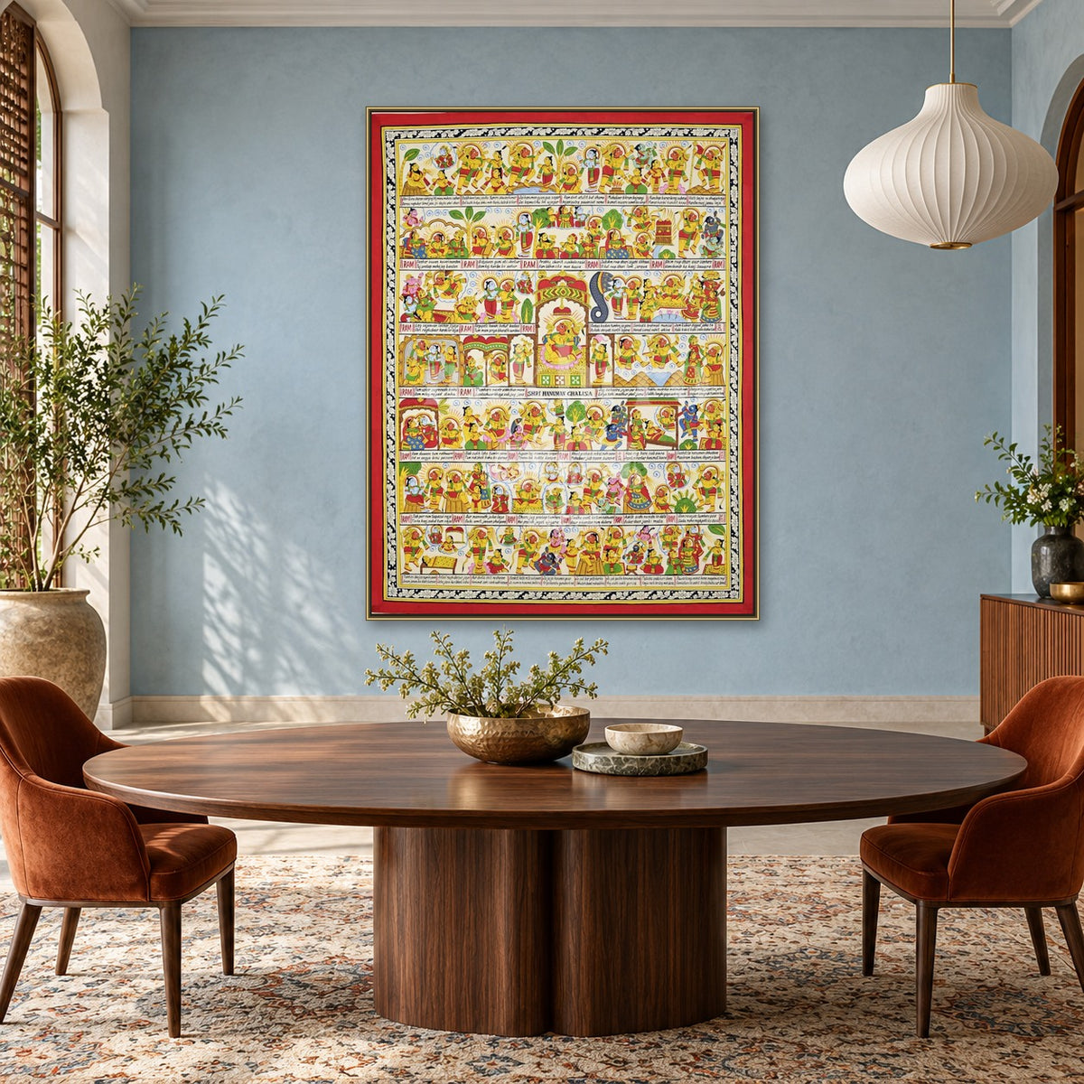 Hanuman Chalisa in English Text | Complete Illustrated Chalisa in Red and Ivory | Museum-Grade Archival Art Print — dining room styling mockup; frame shown for illustration