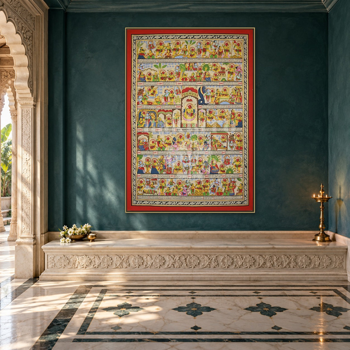 English Hanuman Chalisa Illustrated Phad Art Print | Archival Paper & Canvas — prayer room styling mockup; frame shown for illustration