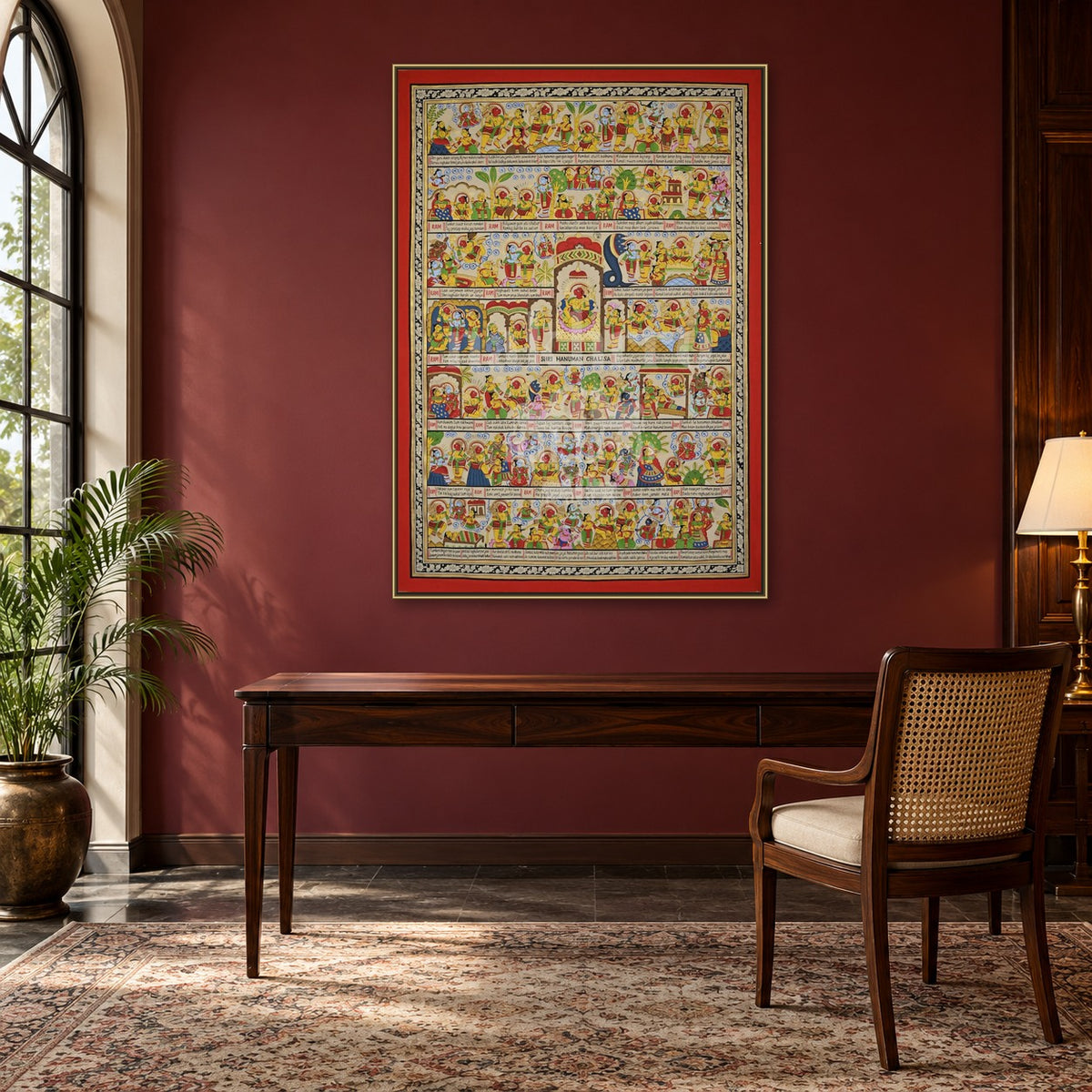 English Hanuman Chalisa Illustrated Phad Art Print | Archival Paper & Canvas — study room styling mockup; frame shown for illustration