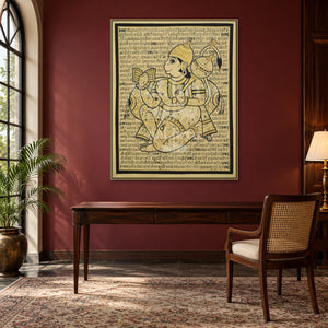 Beige Tone Hanuman Chalisa in Hanuman Sacred Text Portrait Art Print — study room styling mockup; frame shown for illustration