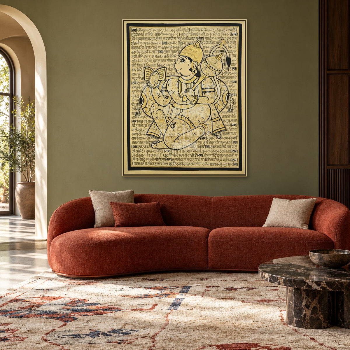 Beige Tone Hanuman Chalisa in Hanuman Sacred Text Portrait Art Print — living room styling mockup; frame shown for illustration