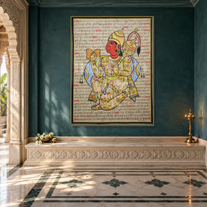 Colourful Illustrated Hanuman Chalisa Art Print | Archival Paper & Canvas — prayer room styling mockup; frame shown for illustration