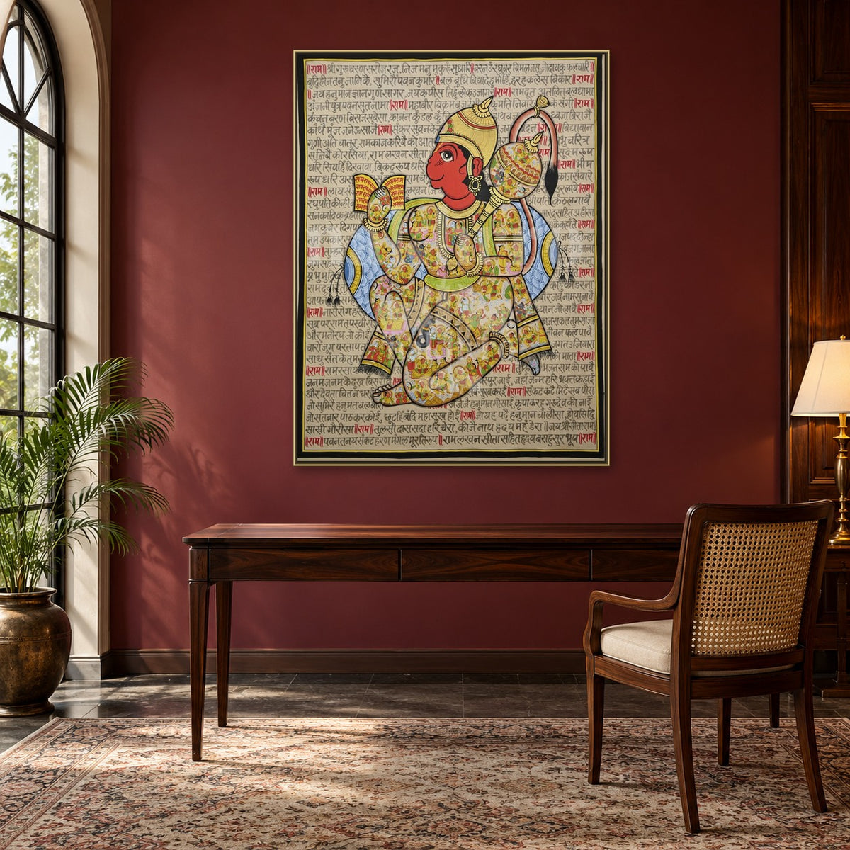 Colourful Illustrated Hanuman Chalisa Art Print | Archival Paper & Canvas — study room styling mockup; frame shown for illustration