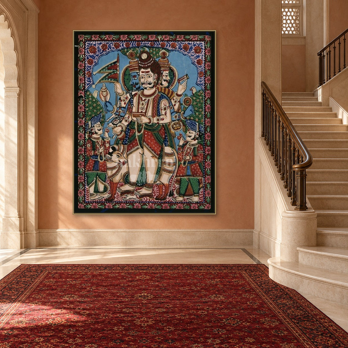 Panchamukhi Hanuman | Five-Faced Protector Museum-Grade Art Print — stairs room styling mockup; frame shown for illustration
