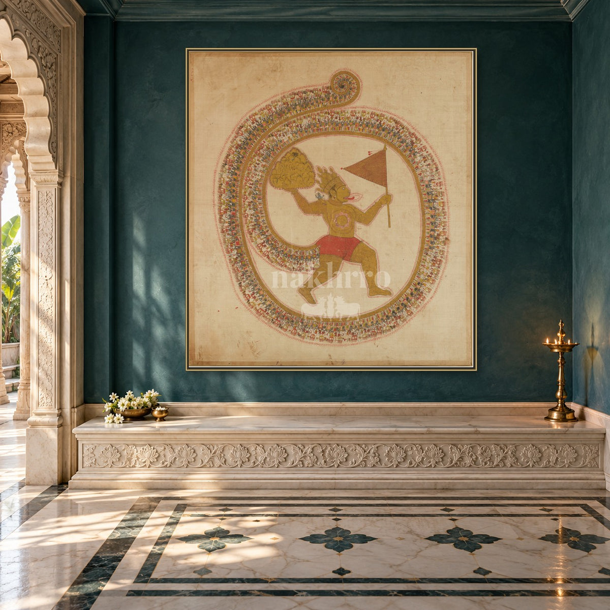 Hanuman Carrying Sanjeevani — prayer room styling mockup; frame shown for illustration