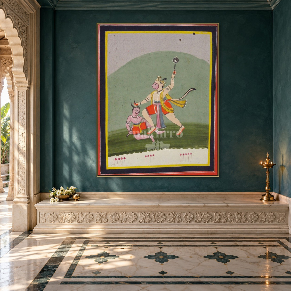 Hanuman Victory Scene | Museum-Grade Indian Miniature Art Print — prayer room styling mockup; frame shown for illustration