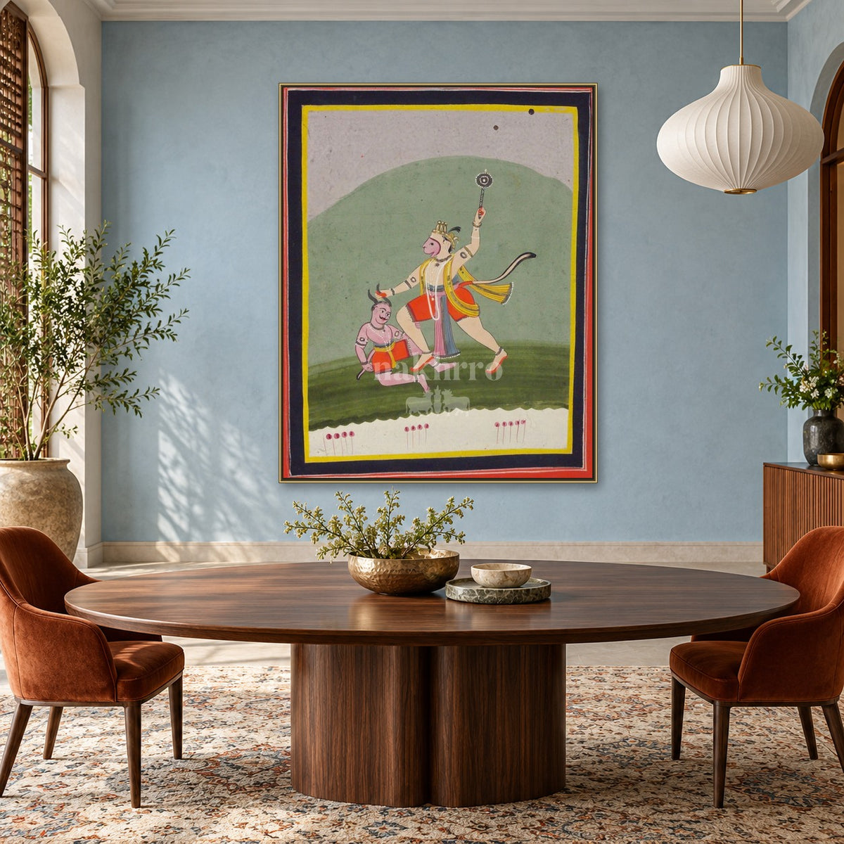 Hanuman Victory Scene | Museum-Grade Indian Miniature Art Print — dining room styling mockup; frame shown for illustration