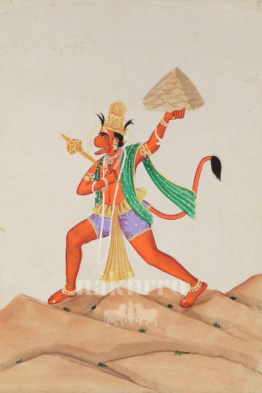 Hanuman Carrying Sanjeevani Parvat | Museum-Grade Indian Miniature Art Print — full artwork