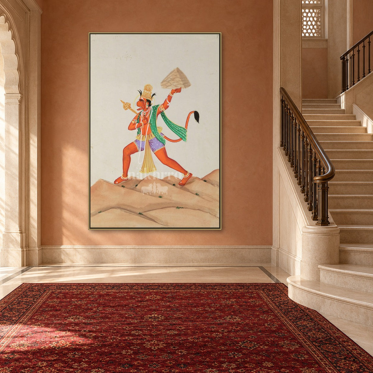 Hanuman Carrying Sanjeevani Parvat | Museum-Grade Indian Miniature Art Print — stairs room styling mockup; frame shown for illustration