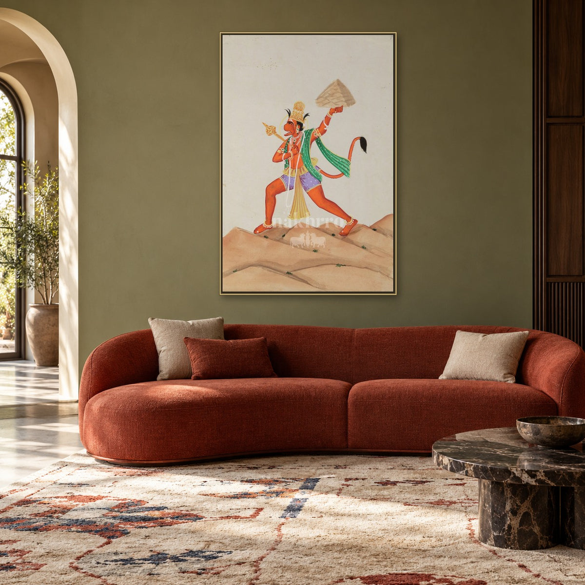 Hanuman Carrying Sanjeevani Parvat | Museum-Grade Indian Miniature Art Print — living room styling mockup; frame shown for illustration
