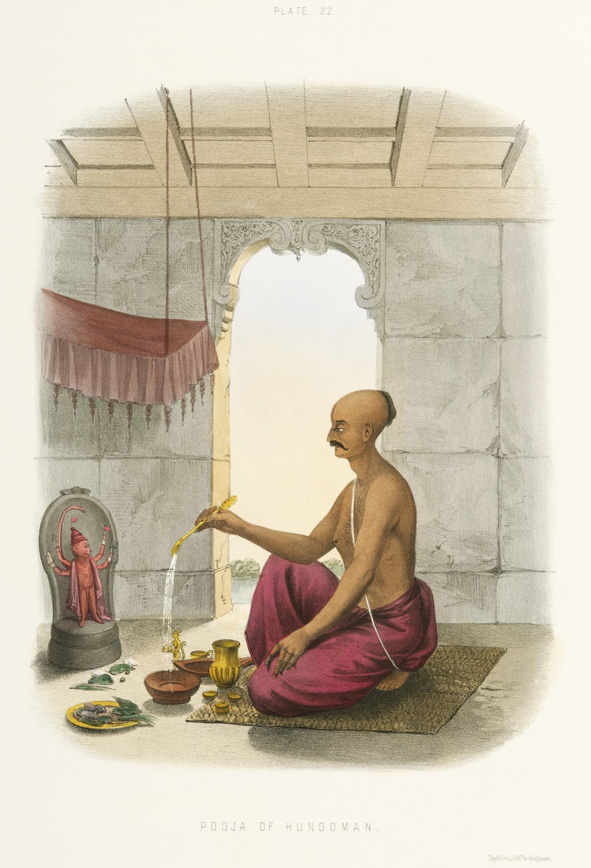Historical Hanuman worship scene with seated priest and brass vessels