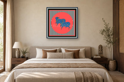 Pop Culture Kamdhenu in Hot Pink – Archival Cow Wall Art styled in a premium bedroom
