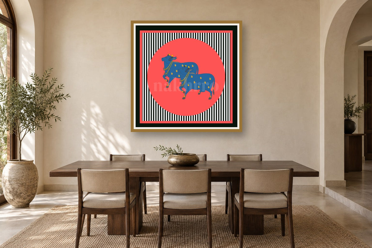 Pop Culture Kamdhenu in Hot Pink – Archival Cow Wall Art styled in a premium dining room