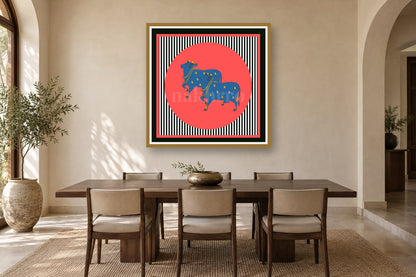 Pop Culture Kamdhenu in Hot Pink – Archival Cow Wall Art styled in a premium dining room