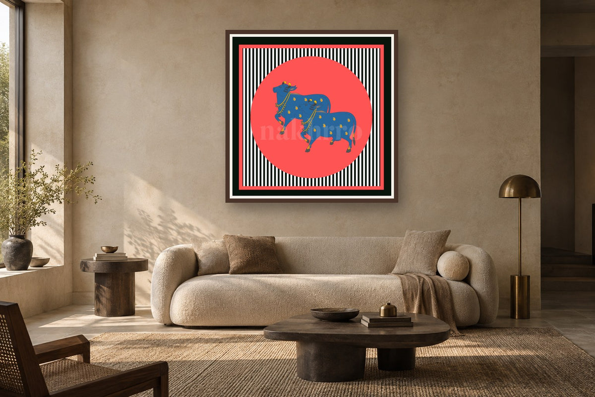 Pop Culture Kamdhenu in Hot Pink – Archival Cow Wall Art styled in a premium living room