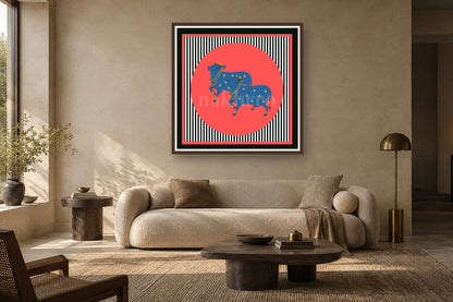 Pop Culture Kamdhenu in Hot Pink – Archival Cow Wall Art styled in a premium living room