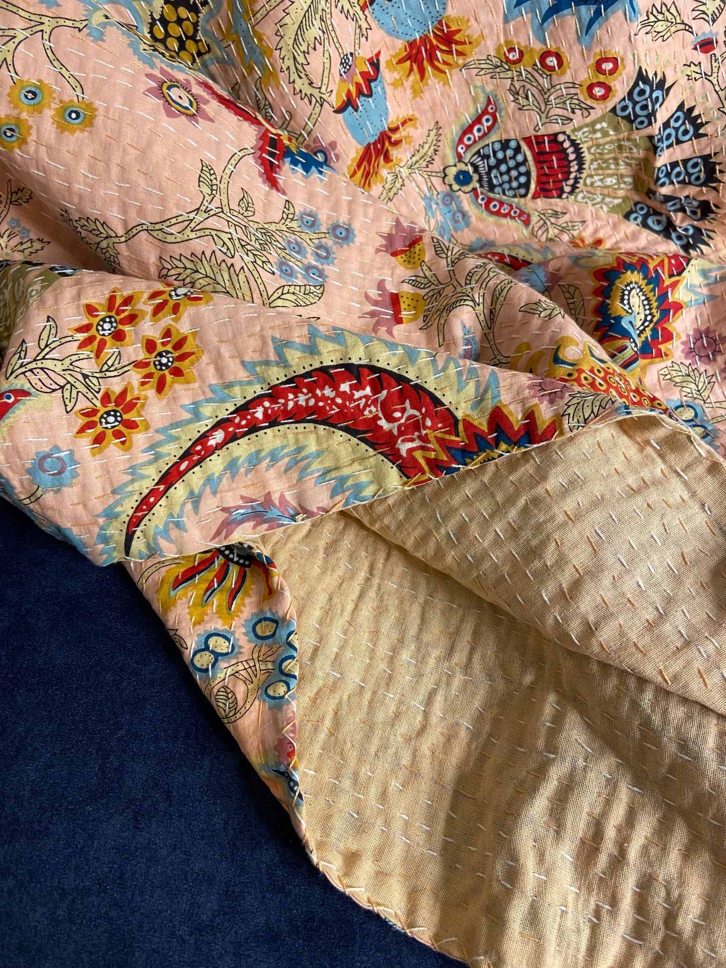 Powder Pink Wild Flower Kantha Bedspread - Nakhrro