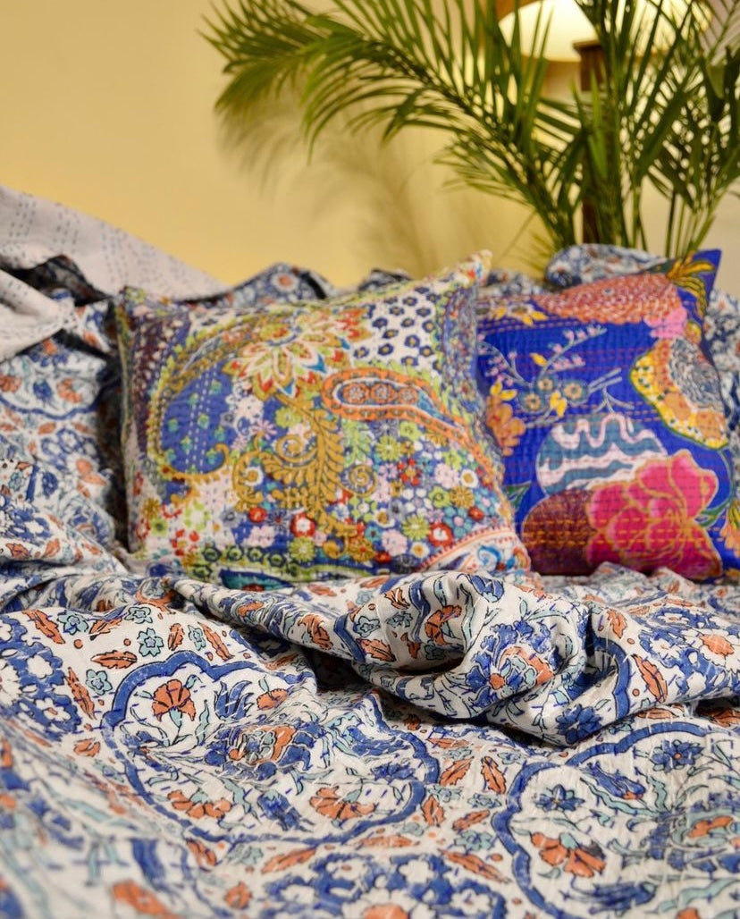 Blue Orange Turkish Tile Print Kantha - Nakhrro
