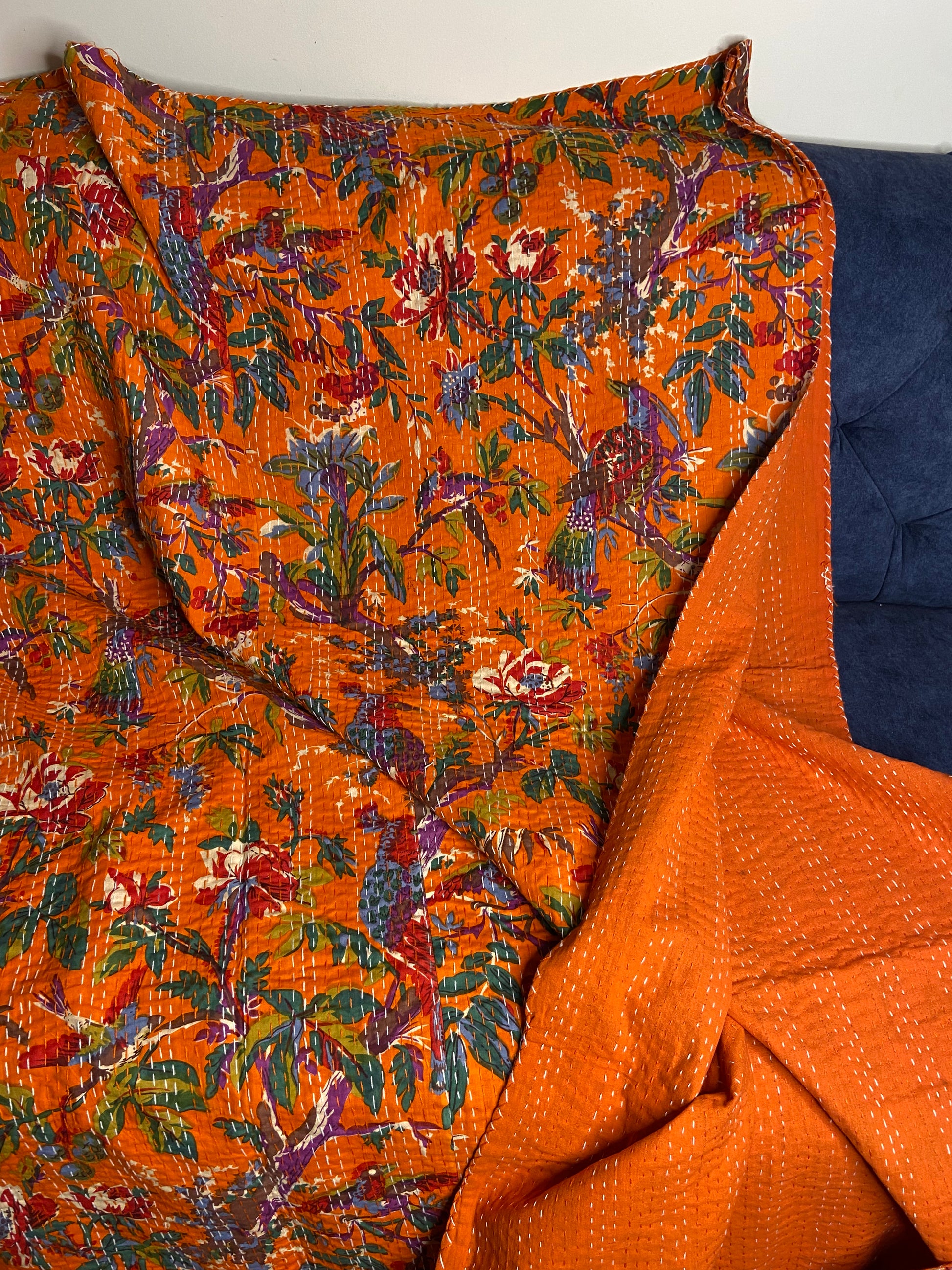 Orange Bird Tropical Embroidered Kantha Bedspread - Nakhrro