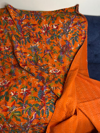 Orange Bird Tropical Embroidered Kantha Bedspread - Nakhrro