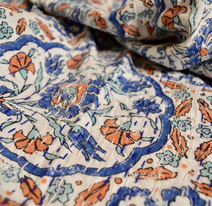 Blue Orange Turkish Tile Print Kantha - Nakhrro
