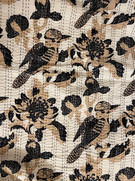 Beige Crow Queen Size Kantha Bedspread - Nakhrro