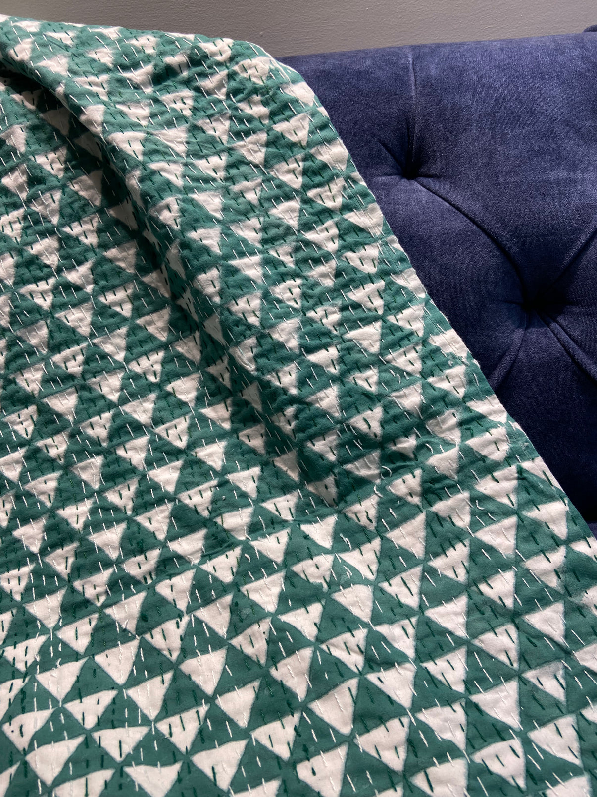 Green Geometric Hand Embroidered Bedspread Dohar - Nakhrro