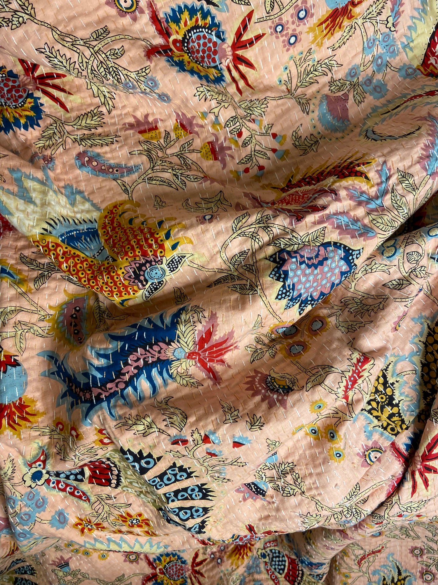 Powder Pink Wild Flower Kantha Bedspread - Nakhrro