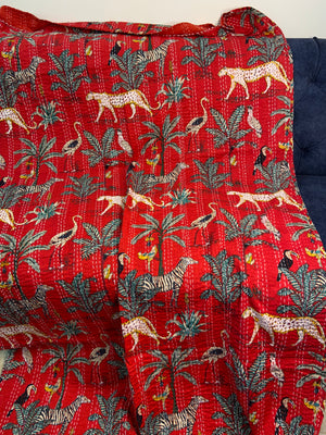 Hot Red Jungle Print Hand Embroidered Bedspread - Nakhrro