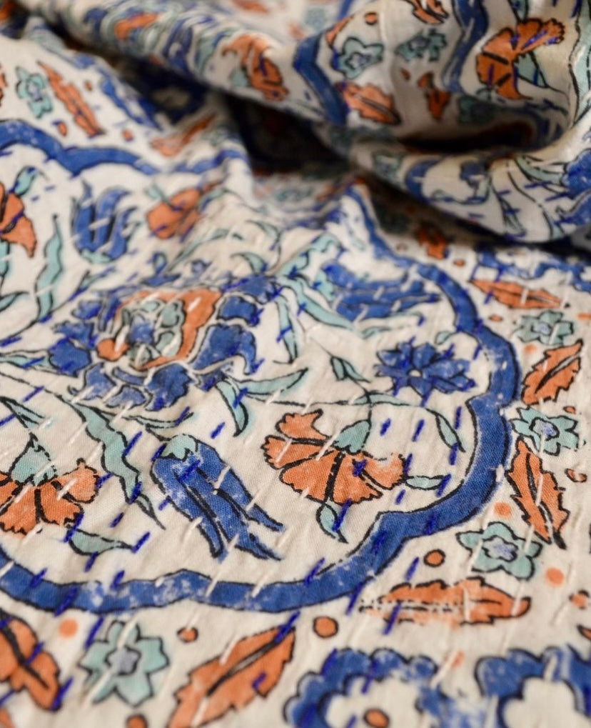 Blue Orange Turkish Tile Print Kantha - Nakhrro