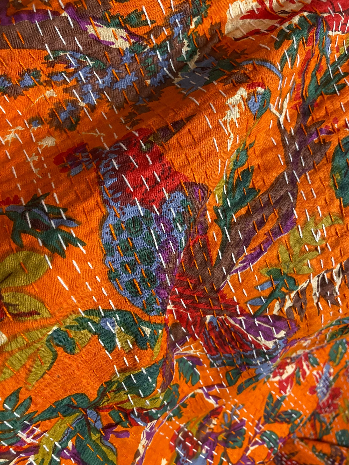 Orange Bird Tropical Embroidered Kantha Bedspread - Nakhrro