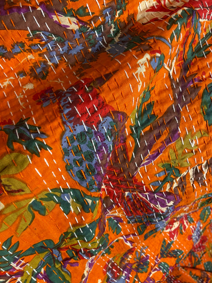Orange Bird Tropical Embroidered Kantha Bedspread - Nakhrro