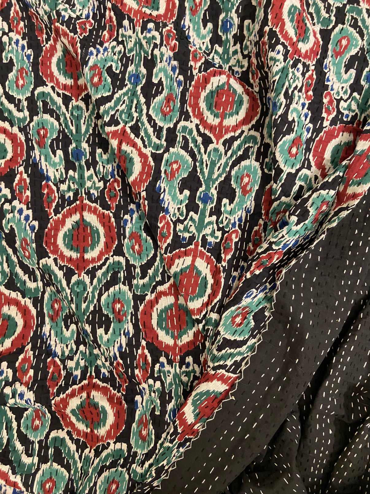Black Ikat Motifs Kantha Bedspread - Nakhrro