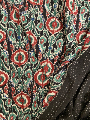 Black Ikat Motifs Kantha Bedspread - Nakhrro