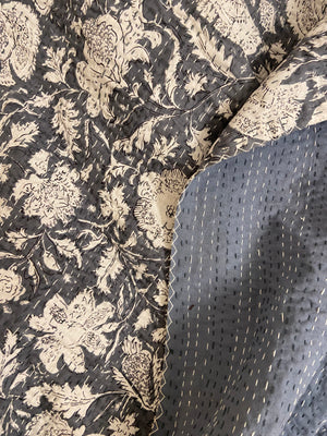 Grey Minimal Hand Embroidered Queen Kantha Bedspread - Nakhrro