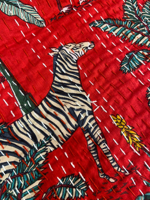 Hot Red Jungle Print Hand Embroidered Bedspread - Nakhrro
