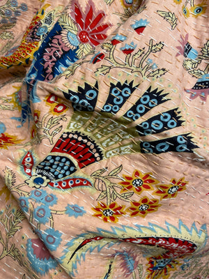 Powder Pink Wild Flower Kantha Bedspread - Nakhrro